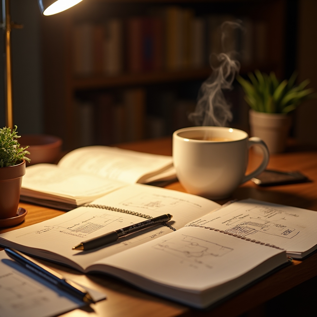 Escritorio de trabajo con cuadernos, apuntes y una taza, ambiente cálido de estudio