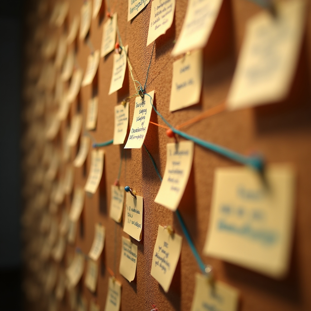 Notas y esquemas conectados sobre una superficie de trabajo, representando ideas relacionadas