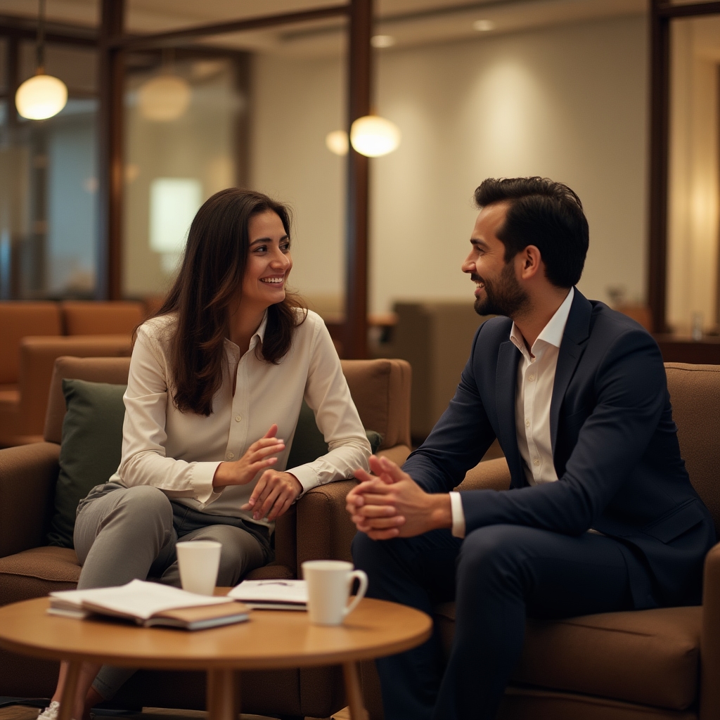 Dos personas conversando en un espacio de trabajo con luz cálida