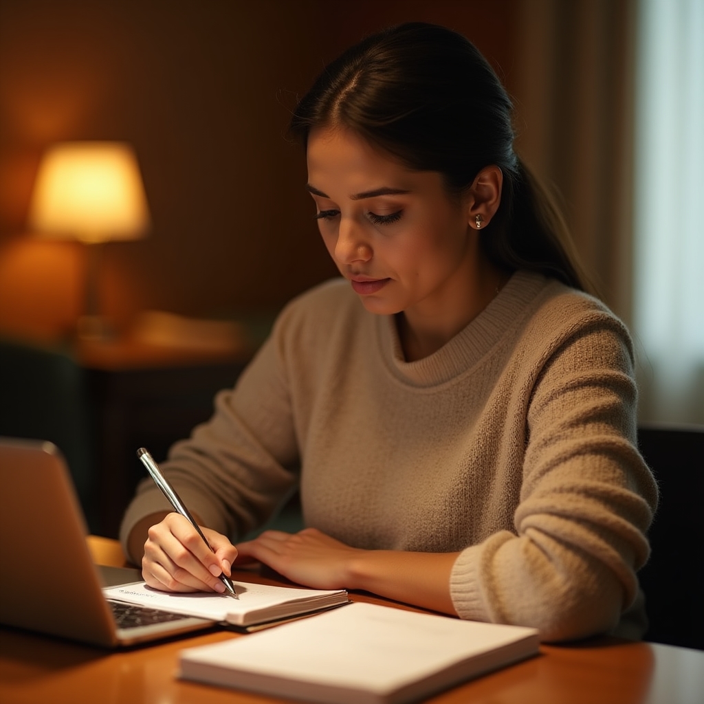 Persona joven revisando notas de aprendizaje en un espacio de trabajo cálido
