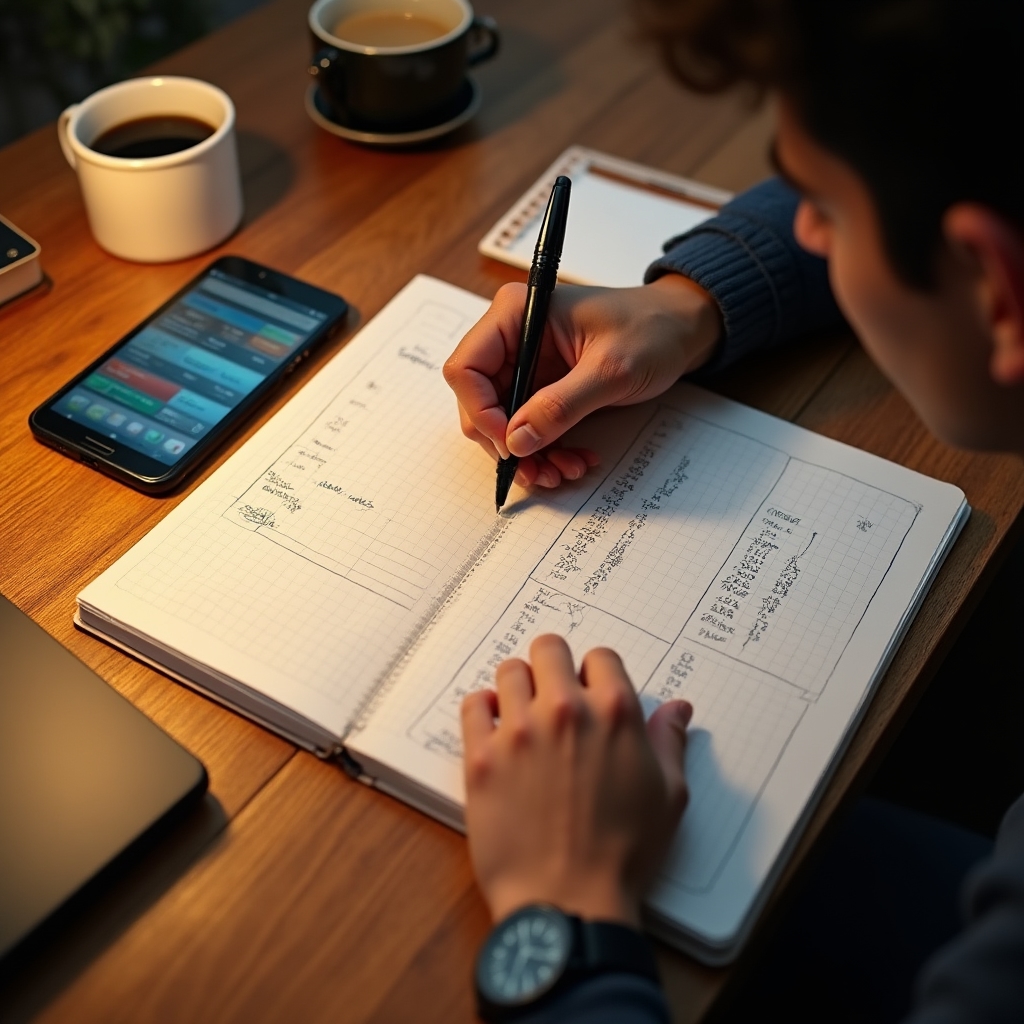 Persona diseñando un calendario de estudio en una libreta sobre una mesa de madera