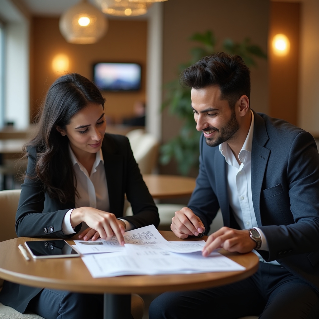 Dos personas revisando un plan de estudio en una mesa con documentos