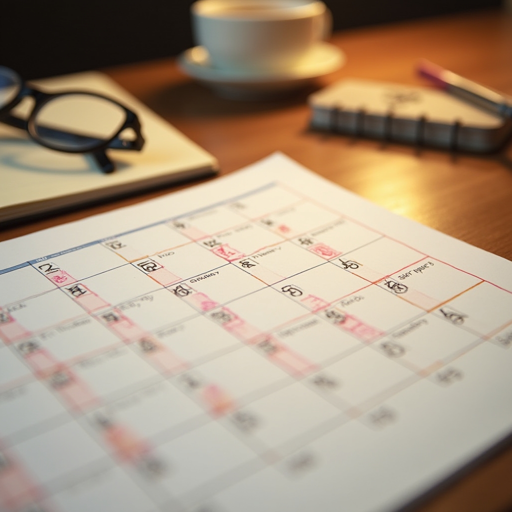 Calendario de repaso con anotaciones sobre una mesa de trabajo iluminada cálidamente